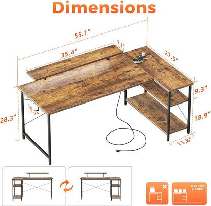 Mericonia 55 in L Shaped Gaming Desk, Large Corner Desk with Monitor Stand | Reversible Computer Desk with Power Outlets, LED Light & Storage Shelves, Office Table for Home Bedroom Study Work Writing