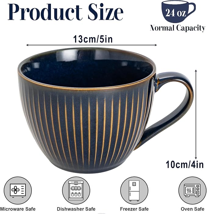 Ceramic Coffee Mugs with Handles, 24 oz Coffee Cups, Vertical Stripe Blue | Large Soup Bowl for Hot Chocolate, Cappuccino, Ramen, Oatmeal, Soup Mugs with Handles, Microwave & Dishwasher Safe