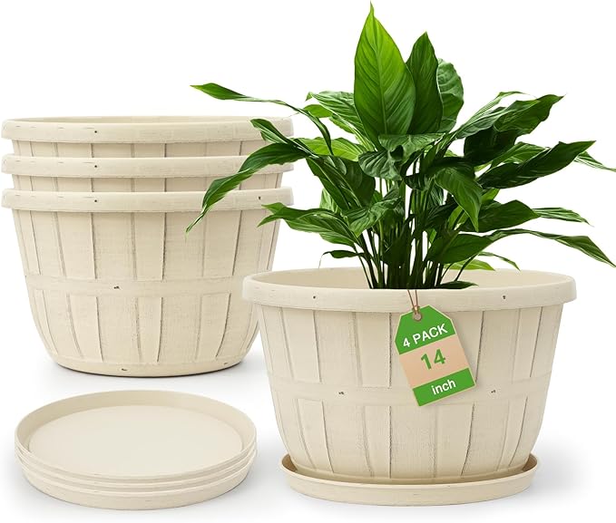 Quarut 14 Inch Plastic-Flower-Pot-for-Indoor-Plants, 4 Pack Large Outdoor Planter Pot with Drainage Holes & Saucers, Resin Decorative Garden Pots Planters（White）