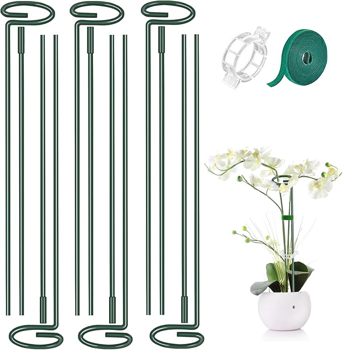 MAFONE 6 Pack 24inch Plant Support Stakes,Plant Stick for Two Sizes(12 or 24Inch) Garden Single Stem Flower Support Stake Plant Cage Support with 20pcs Clips and Plant Ties for Tomato Orchid Lily