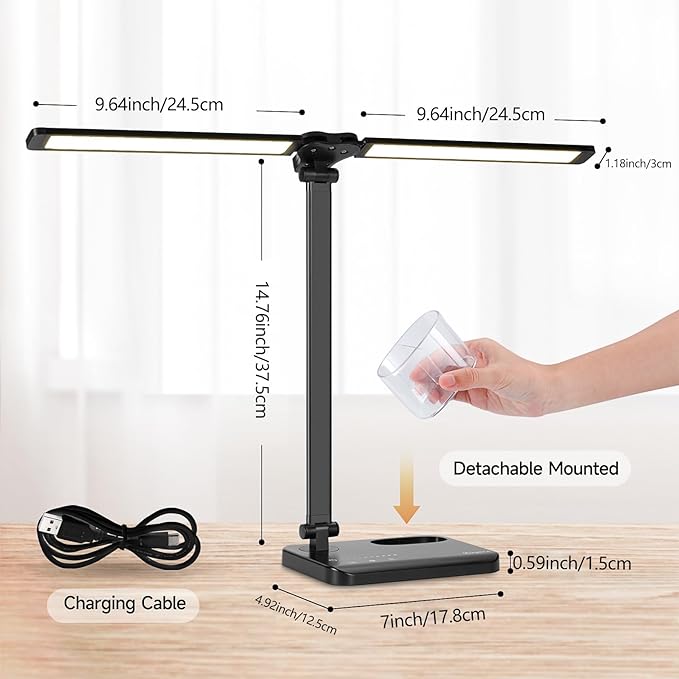 LED Desk Lamp for Home Office - Dual Swing Arm Desk Light with USB Charging Port,Eye-Caring Foldable 5 Color Modes 10 Brightness Levels Dimmable Desk Lamp for College Dorm Room (Black)