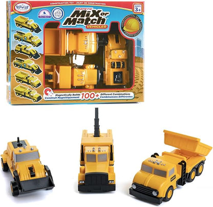 Popular Playthings Magnetic Vehicles for Toddlers 1-3, Mix or Match Car Toys, Set of 3 Gift for Kids - Construction Vehicles