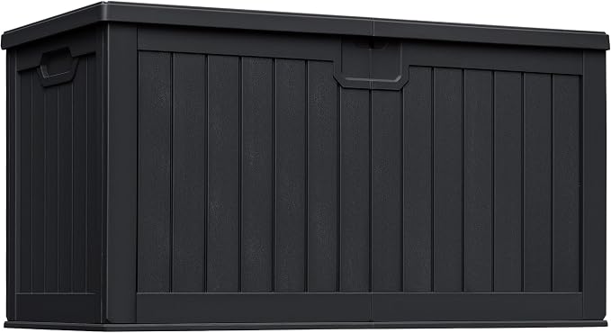 Greesum 230 Gallon HDPE Outdoor Storage Box with Removable Dividers, Weatherproof Oversized Deck Box for Patio, Garage, Garden, Black