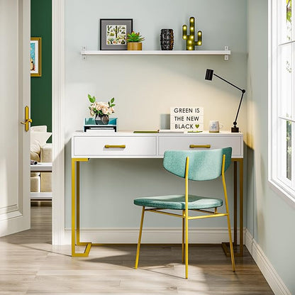 Computer Desk with 2 Drawers, Wooden Writing Desks for Home Office, White&Gold