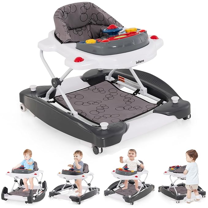 INFANS Baby Walker, 5 in 1 Behind Walker Learning Seated Rocker Bouncer with Removable Music Tray, Adjustable Height, Washable Seat Cushion, Foldable Activity Center for Toddlers (Grey)