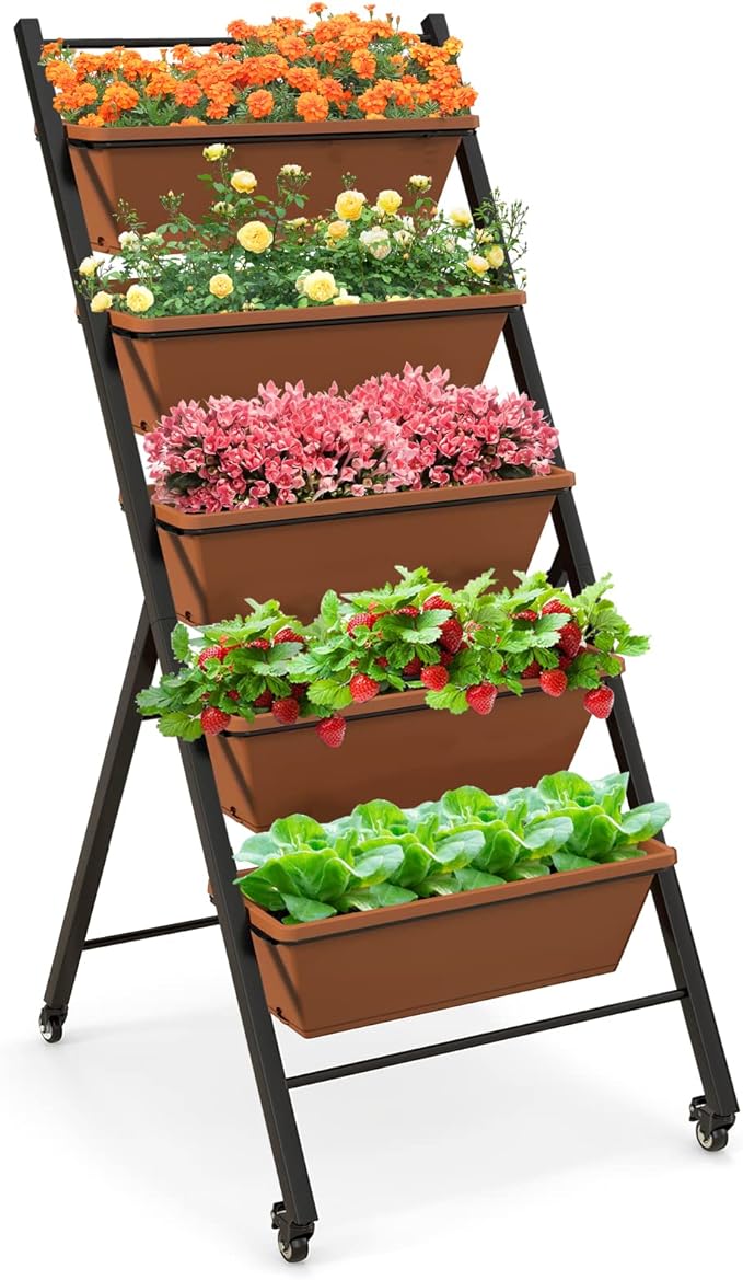 Giantex Vertical Raised Garden Bed on Wheels, 5-Tier Elevated Planter Boxes, Garden Beds with Drain Hole, Freestanding 5 Containers for Herb Vegetables Flowers Growing, Indoor Outdoor Patio Balcony