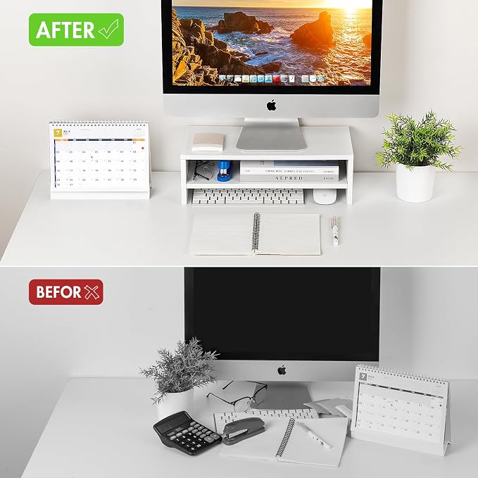 BEYGORM White Monitor Stand Riser for Desk,2 Tiers Wood Desk Shelf Computer Screen Stand with Storage for Desktop Laptop/Screen/TV/PC/Printer,Multifunctional Desktop Organizer 16.5 x 7.8 x 5.2 inch | Computer Screen Stand with Storage, For Desktop Lapt...