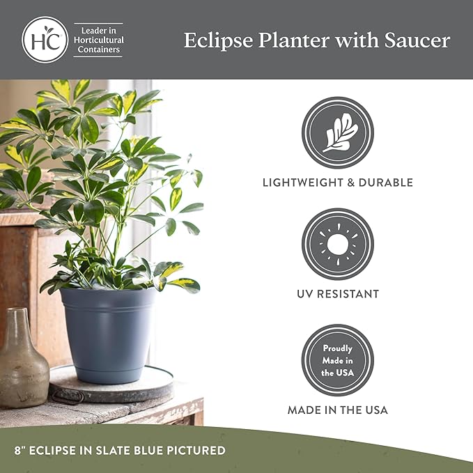 The HC Companies 16 Inch Eclipse Round Planter Pots with Drainage Holes & Attached Saucer, Lightweight UV-Resistant Plastic Indoor Outdoor Planters, 2-Pack Flower Pots for Garden & Home Decor, Peridot
