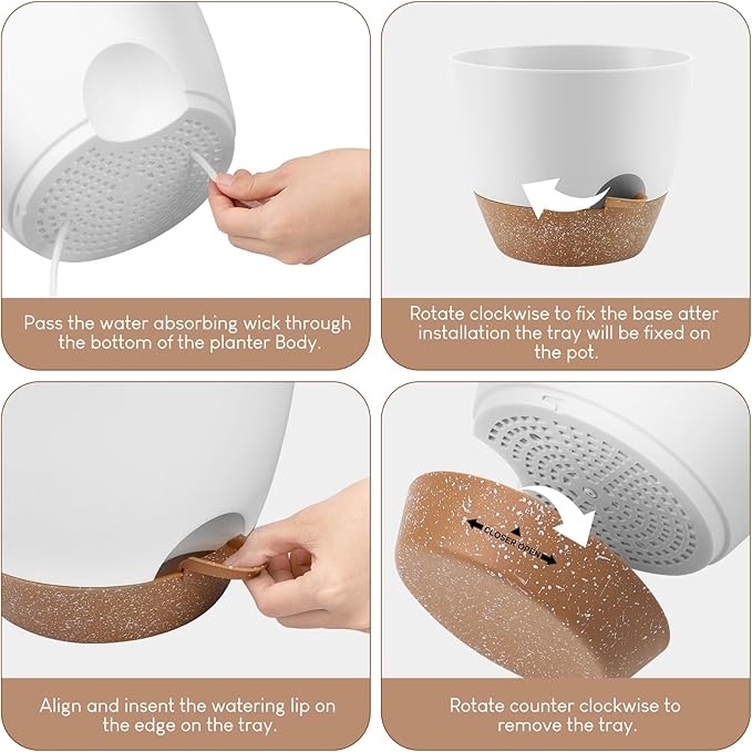 Plant Pots 10/9/8/7.5/7 inch, Self Watering Planters with Drainage Holes & Saucers for Indoor and Outdoor Plants (White)