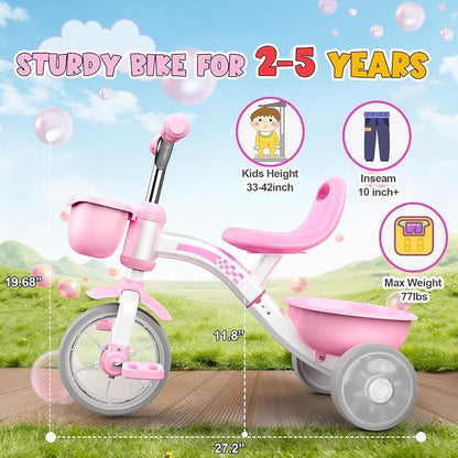 Kkdi Toddler Tricycle for 1-3 3-5 Year Olds, 2 3 4 5 Year Old Girl Birthday Gifts, Pink Toddler Baby Bike, 4-Level Adjustable Seat, 3 Color Light Wheels, 2 Baskets, Outdoor Riding Toys for Ages 2-4