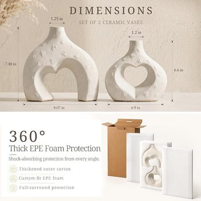 White Ceramic Flower Vases Table Decor Heart Shaped Vase Set of 2 | Nordic Heart Shaped Vases Minimalist Decorative Vase for Table Centerpiece Wedding Dining Living Room Office House Decoration