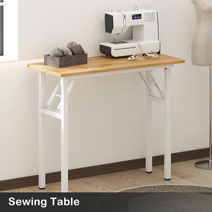 Need Small Computer Desk 31.5 in Folding Home Office Table Teak | White Frame Writing Gaming Work Table/Sturdy Foldable Study Table for Small Space/Dormitory, No Assembly Required