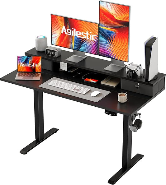 48 x 24 Inches Electric Standing Desk with 2 Storage Drawers, Stand Up Desk Adjustable Height, Sit and Stand Computer Table with Splice Board, Black