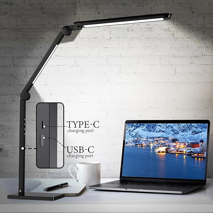 LED Desk Lamp with USB Charging Ports,Creative Touch Reading Light, with Memory Dual Light and Adjustable Swing Arm,15W 4 CCT Eye-Care Modes & 4 Brightness Levels Table Lamp for Home Office-Black