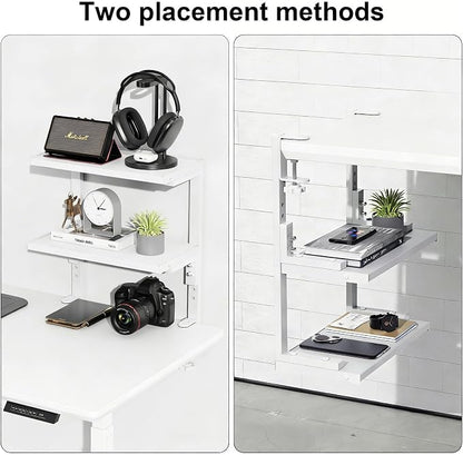 Spacrea Clamp on Desk Shelf, 2 Tier Office Desk Shelves Organizer, Wood Desktop Supplies Storage Rack, Desk Organizers and Accessories (White)