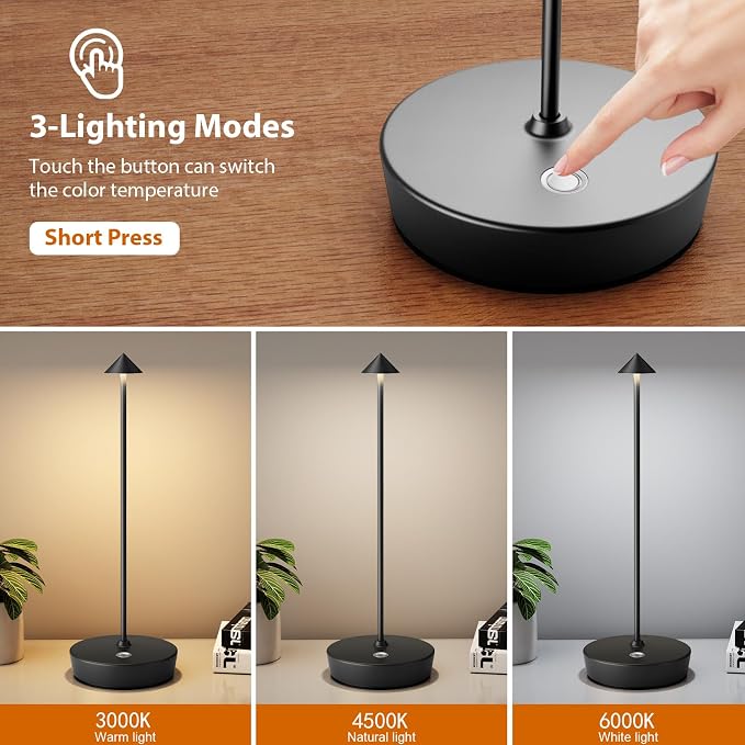 Rechargeable Cordless Table Lamp, Portable Powered LED Battery 6000mAh Metal USB Desk Lamp, 3 Levels Brightness Light for Restaurants Outdoor (Black)