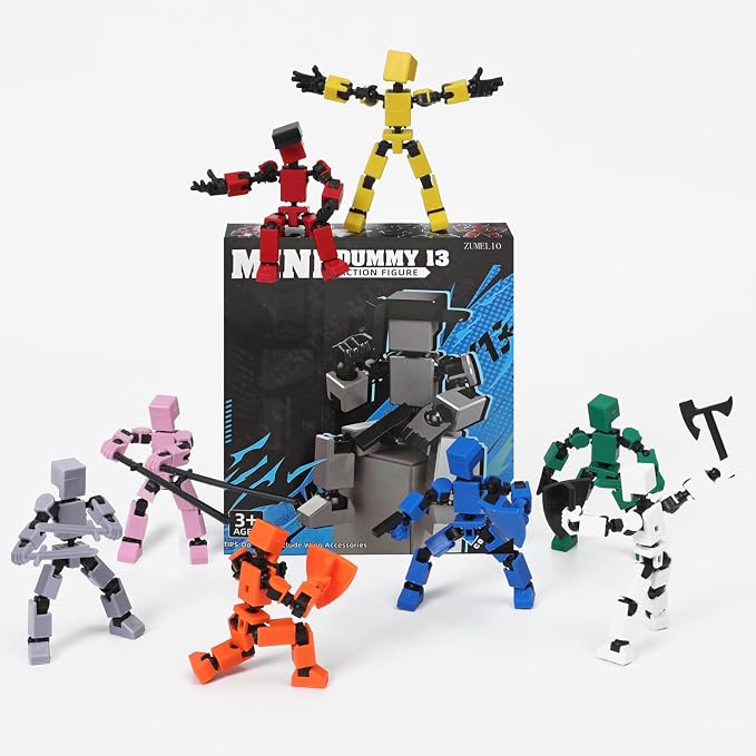 4PCS Mini Titan T-13 Action Figures Set, Assembly Completed Luck Dummy Robot 13 Action Figure Toys for Boys Stick Figures with Multi Joints Movable Fidget Gifts for Kids(Black+White+Blue+Red)