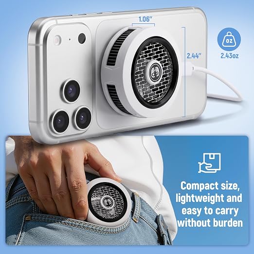 Phone Cooler for Gaming, Low Noise USB Cell Phone Cooler with Smart Temp Control, Phone Cooling Fan with RGB LED Lights, Magnetic Ring & Clip Fan for Phone Gaming & Streaming (White)