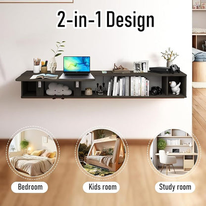 Pmnianhua 63'' Floating Desk with Storage Shelves,Wall Mounted Desk Laptop Computer Writing Study Table for Bedroom Small Space(Dark Grey)