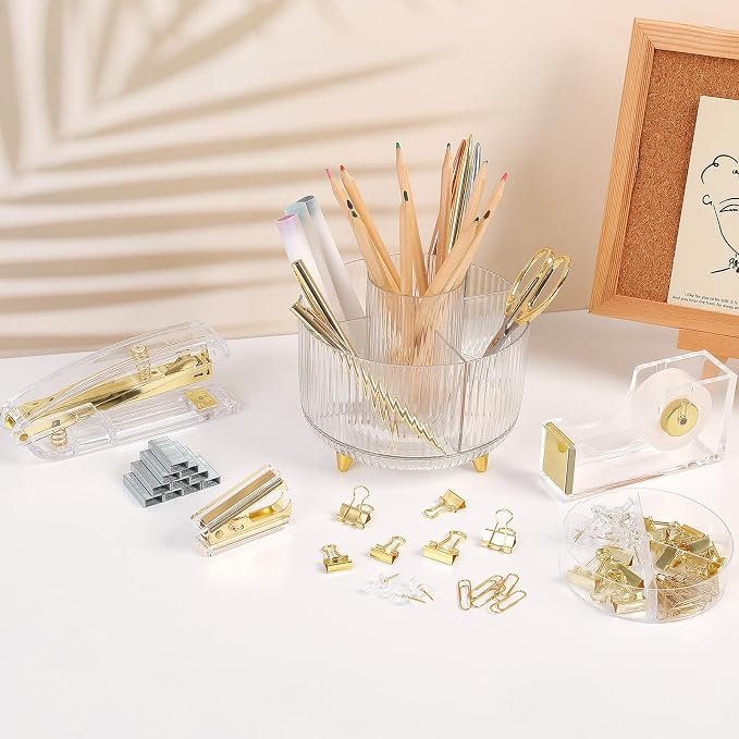 SKYDUE Gold Office Supplies Set, Pencil Holder for Desk,Gel Pen, Stapler, Tape Dispenser, Scissors,Clips and 1000pcs Staples, Office Decor for Women, Gold Desk Accessories