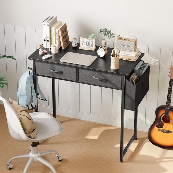 DUMOS 32" Home Office Computer Desk with Drawers, Small Gaming Writing Study Table with Storage Side Bag, Headphone Hook and Adjustable Feet for Bedroom Black | Home Office Desk for Bedroom, Gaming Writing Study Desk with Adjustable Feet