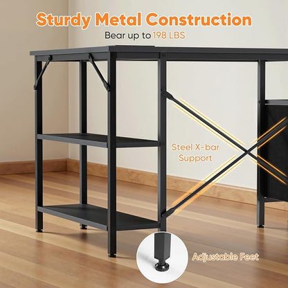 DUMOS L Shaped Desk with Drawers, Gaming Desk, 55 Inch | Power Outlet, Study Table, Adjustable Shelves, Home Office, Corner Computer Workstation, Bedroom, Black