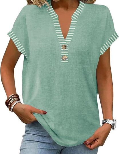 Womens Henley Summer Tops V Neck Button Dressy Casual T Shirts Blouses | Breathable, V-Neck Button, Striped, Loose Fit, Business Casual, Office, Vacation, Spring Summer Tops, Basic Shirts