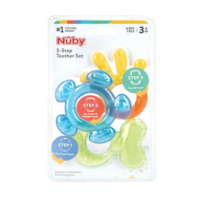 Nuby 3 Step Baby Teether Set for Teething Comfort - Soft and Hard Teethers for Babies - Soothes Sore Gums - 3+ Months