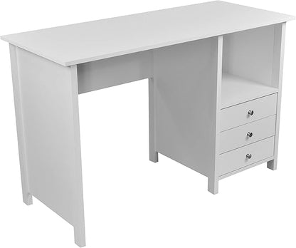 Techni Mobili White Desk with Drawers - Small Office Desk with 3 Cabinet Drawers, Open Shelf, & Laminated Wooden Panels Office & Study Table for Bedroom & Workstations