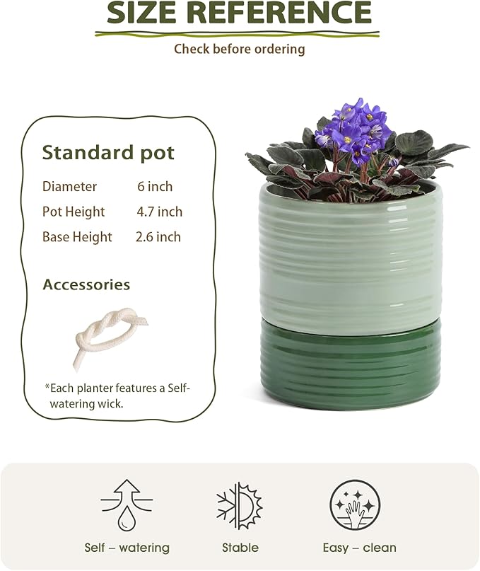 Self Watering Pots for Indoor Plants, 6 Inch Ceramic Self Watering Plant Pot, Planter Pot with Wick Rope and Drainage Hole for African Violet Succulent Herbs (Green Light)