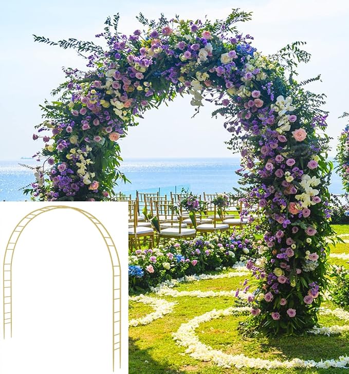Queension Extra Large Garden Arch 7.2Ft Wide 9.2Ft High, Wedding Arch for Ceremony, Outdoor Garden Trellis for Climbing Plant, Metal Balloon Arches Backdrop Stand with Prongs Base, Gold