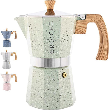 GROSCHE Milano Moka pot, Stovetop Espresso maker, Greca Coffee Maker, Stovetop coffee maker and espresso maker percolator (Mint, 9 cup) | Cuban Coffee Maker And Italian Moka Pot For Stovetop Espresso; For Gas, Electric, And Propane Stoves With A Soft-T...