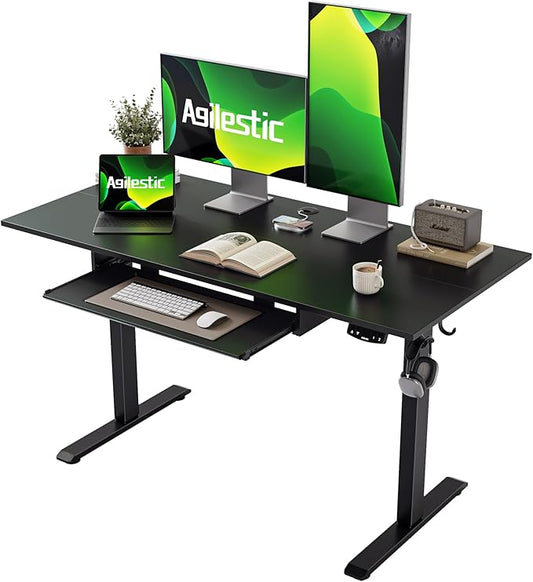 Height Adjustable Desk with Keyboard Tray, 48 x 24 Inches Electric Standing Desk, Stand up Computer Table with Memory Preset, Gaming Modern Lift Motorized Gaming Workstation, Black
