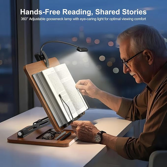 OPTIXCELL Book Stand with Light, Hands Free Book Holder, Gifts Book Lovers | Hands Free, Adjustable Height Angle, Built-in Storage Tray, 3-Mode Reading Light, Foldable Metal Frame, Fits Cookbook Tablet