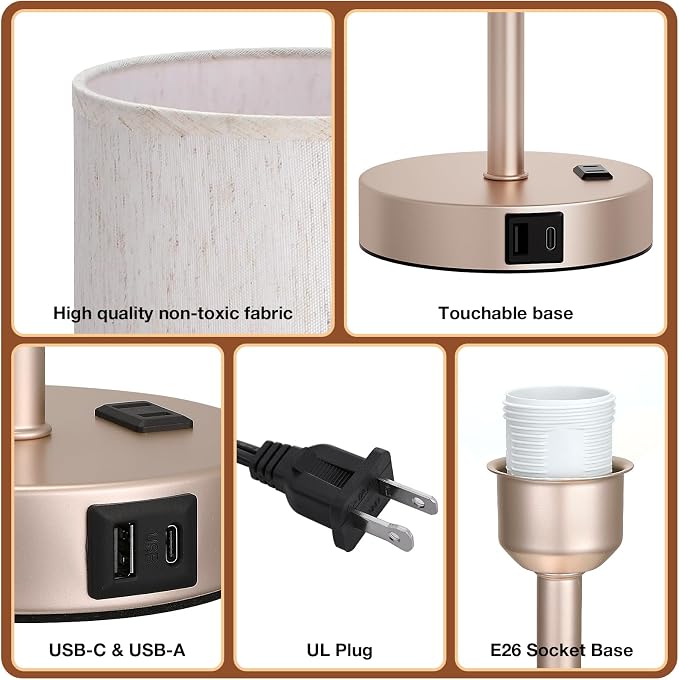 Dicoool Touch Bedside Table Lamp with USB - 3 Way Dimmable Lamp for Bedroom Nightstand, Desk Lamp with Charging Station for Dorm, Office, Living Room,Kids Room