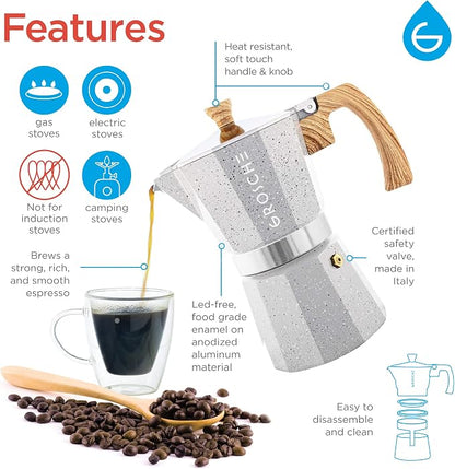 GROSCHE Milano Stovetop Espresso Maker Moka Pot 6 espresso Cup, 9.3 oz Grey | Cuban Coffee Maker And Italian Moka Pot For Stovetop Espresso; For Gas, Electric, And Propane Stoves With A Soft-Touch Handle