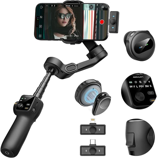 AOCHUAN Gimbal Stabilizer for iPhone & Android,3-Axis Phone Gimbal w/Wireless Lavalier Microphone,Built-in 7.8" Extension Pole,OLED Display,Phone Stabilizer for Video Recording TikTok(V8 Mic Kit)
