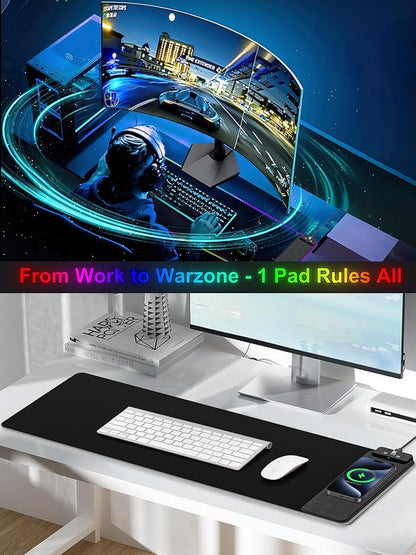 Mouse Pad with Wireless Charging, Large Desk Mat RGB Gaming Mousepad, 10 Light Colors LED Gaming Pad Keyboard Pad with Ultra-Smooth Surface & Non-Slip Rubber Base, Waterproof Full Desk Mouse Pad