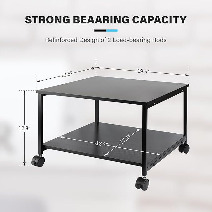 EMERIT 2-Tier Under Desk Printer Stand w/Storage - 19.5x19.5x12.8''Heavy Duty Rolling Cart, Mobile Printer Table with Lockable Wheels for Home Office Organization - Industrial Style