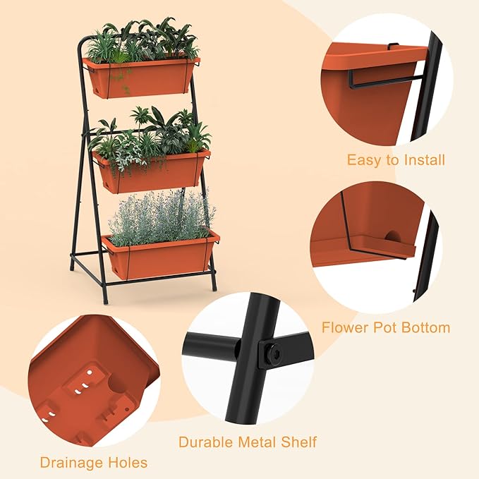 Vertical Raised Garden Bed 3 Tier Elevated Garden Planters Standing Planter Box Outdoor and Indoor for Plants Herbs Flowers Vegetables Brick Red