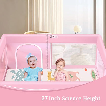 Pink Baby Playpen with Mat, 50x50 Inch Playpen with Mat Waterproof for Babies and Toddlers Play Pen for Girls Pink Playards Safety Gate Fence Active Center Indoor