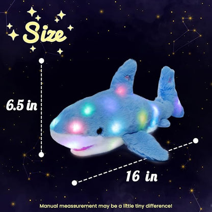 Hopearl LED Plush Shark Lighting Up Stuffed Animal Floppy Night Lights Glow in The Dark Birthday Festival for Kids Toddler Girls, Blue, 16''