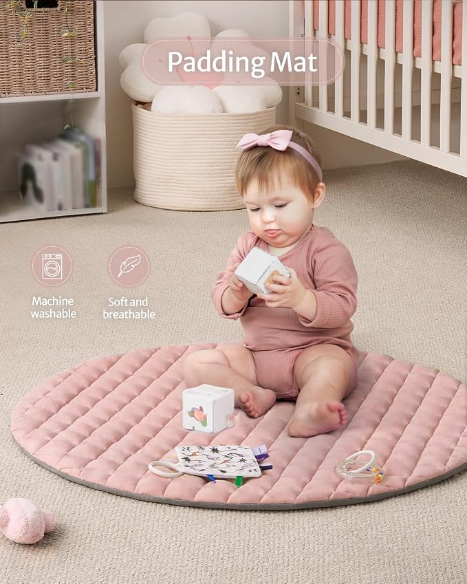 Blissful Diary Baby Play Gym Mat, Tummy Time Activity Mat with 6 Detachable Toys for Skill Development, Baby Essentials Gift, Soft Pink