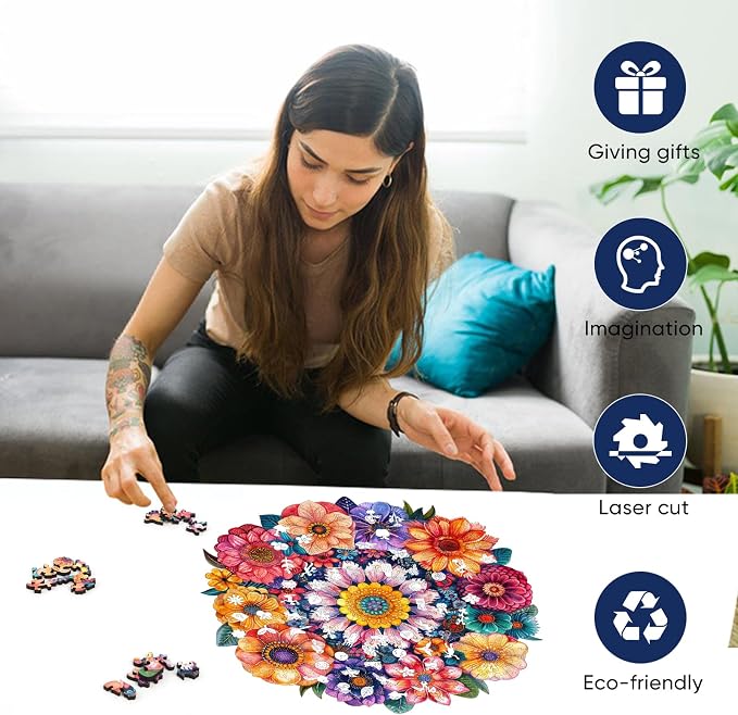 Mys Aurora Puzzles for Adults Round Flower Wooden Puzzles, 200 Pieces Unique Shaped Jigsaw Puzzles, Birthday for Adults and Kids, Fun Family Game 10.8'' x 11.2'' Medium Size