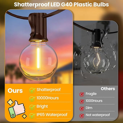Mlambert 25FT Solar Powered String Lights Outdoor, Waterproof Solar Patio Light String with 10+1 Shatterproof LED G40 Bulbs for Backyard Garden-Brown