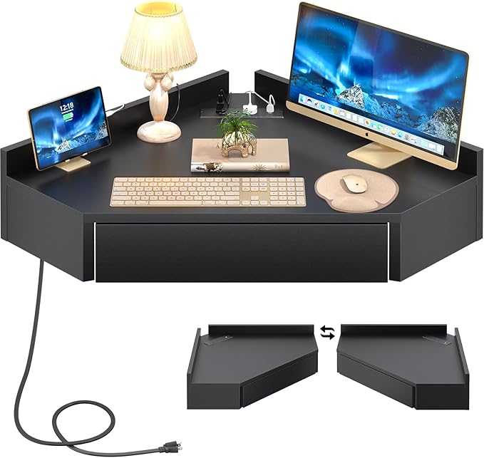 armocity Triangular Computer Desk with Outlets, Wall-Mounted Desk for Small Space, Floating Corner Table with Drawer, USB Ports, Home Office, Bedroom, Black