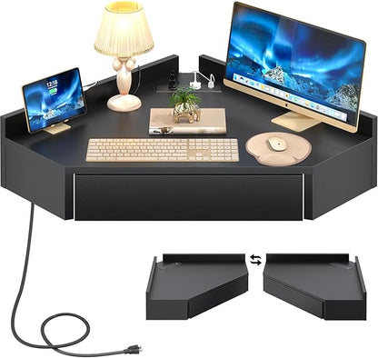 armocity Triangular Computer Desk with Outlets, Wall-Mounted Desk for Small Space, Floating Corner Table with Drawer, USB Ports, Home Office, Bedroom, Black