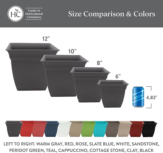 The HC Companies 10 Inch Eclipse Square Planter Pots with Drainage Holes & Attached Saucer, Lightweight UV-Resistant Plastic Indoor Outdoor Planters, 2-Pack Flower Pots for Garden & Home Decor, White
