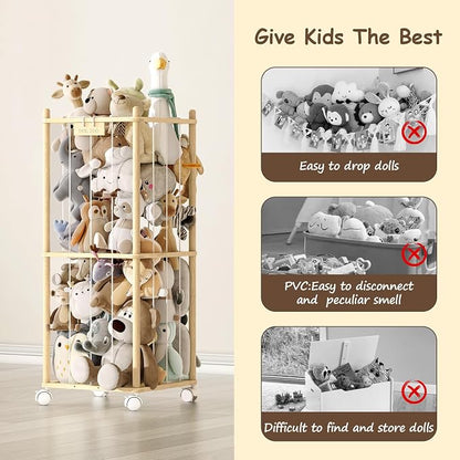 EXPERLAM Stuffed Animal Storage Zoo with Wheels,Montessori-Inspired Solid Pine Wood Plush Toy Organizer,Stuffed Animal Holder with Thick Elastic Cords for Kids Room,Nursery and Bedroom,Small