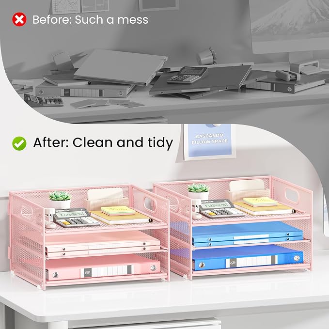 Subekyu 2-Pack 3-Tier Pink Metal Mesh Desk Paper Letter Tray & File Sorter Organizer with Handle + 1 Sliding Tray for Desk, Home, Office, School Supplies, A4 Paper and Accessories Storage